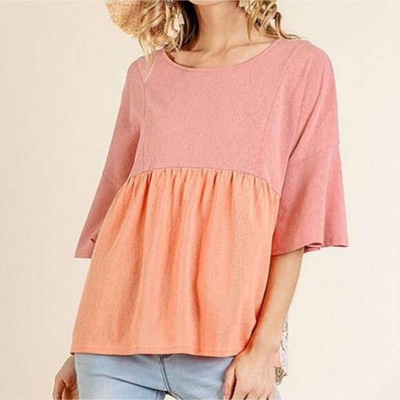 Umgee Color Block Lace Back Bell Sleeve Top Pink Orange Size Small - Picture 8 of 12